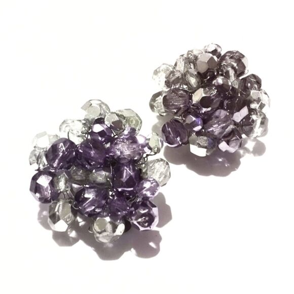 Vintage Mid Century Purple Crystal Cluster Clip Earrings - Picture 3 of 5